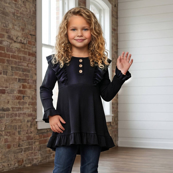 Kids Black Ribbed Long Sleeve Button Ruffle Shirt