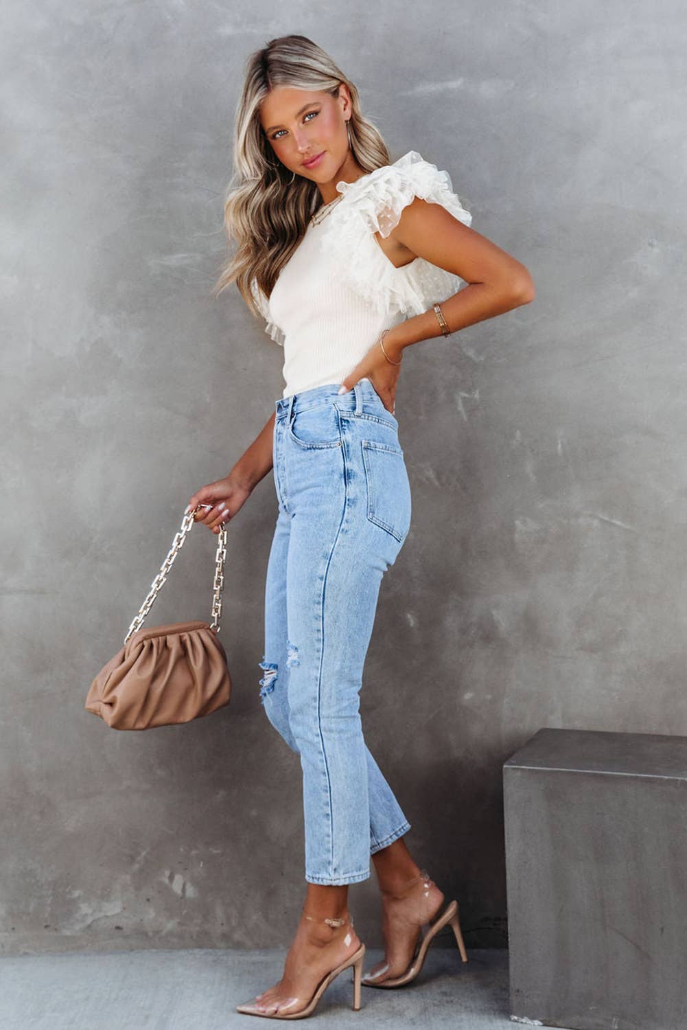 Mesh Ruffle Sleeve Ribbed Knit Top