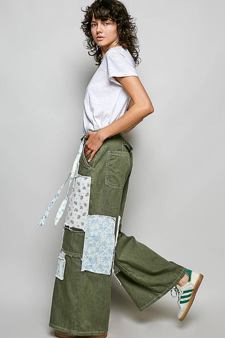 Pol Clothing - Patchwork Detail Denim Straight Fit Pants