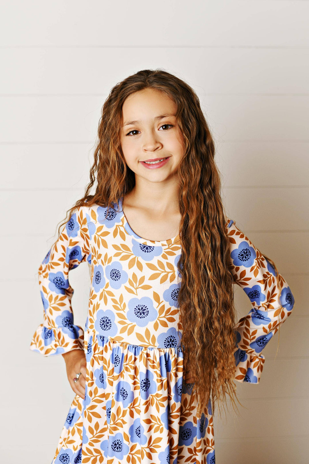 Girls Fall Olivia Periwinkle Heirloom Floral 3 Ruffle Dress
