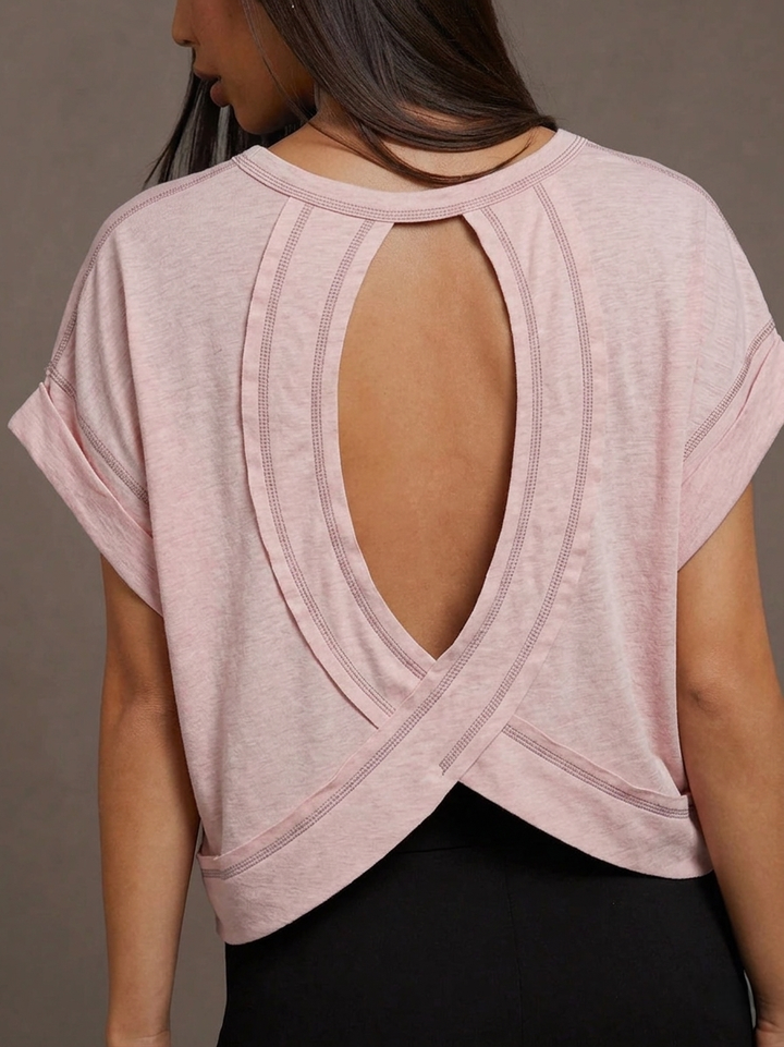Wrapped Cutout Back Slouchy Tee Workout Shirt In Solid