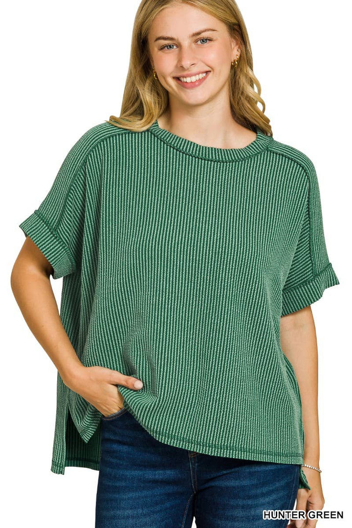 Textured Line Short Cuff Sleeve Raw Edge Top