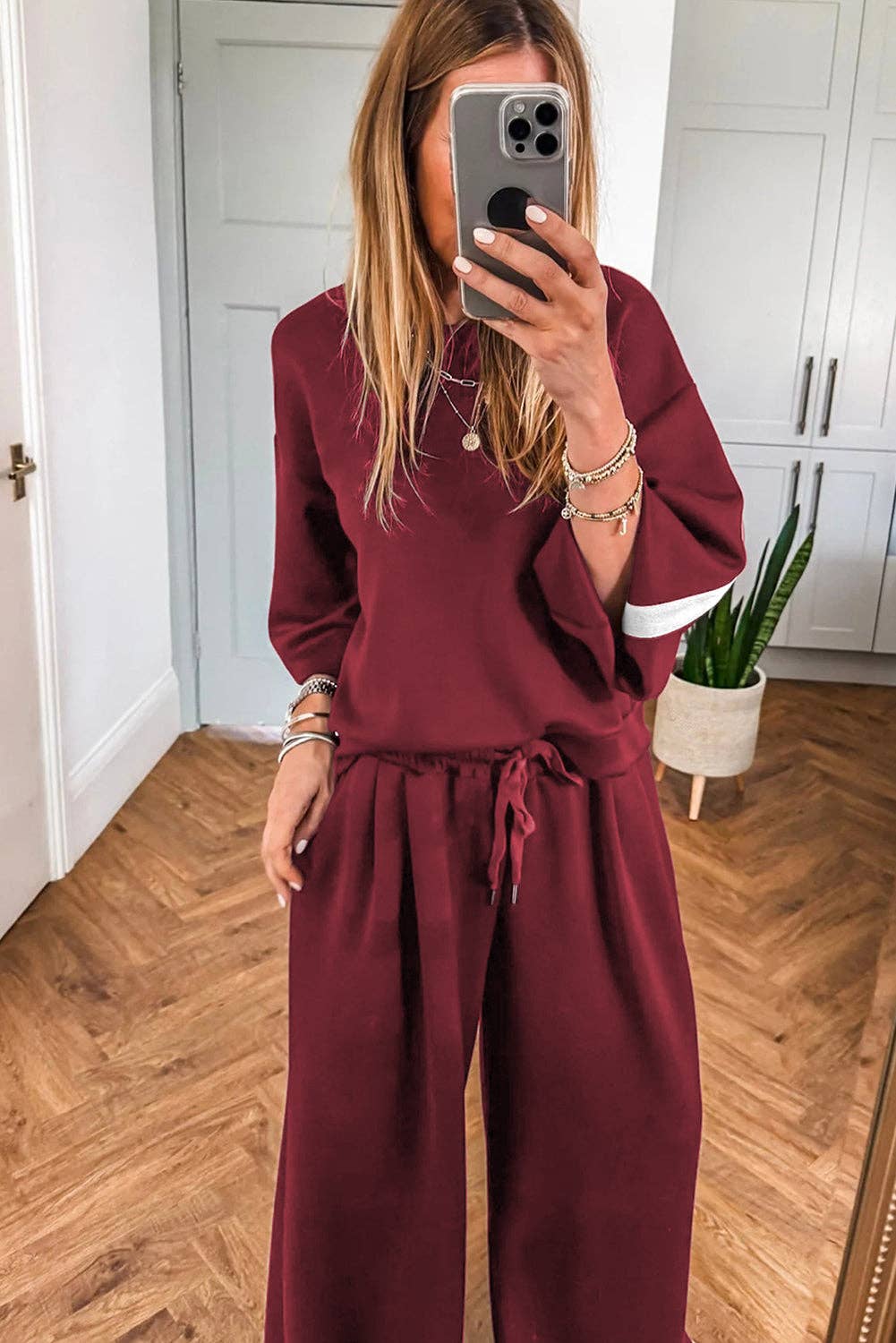 Burgundy Varsity Striped 3/4 Sleeve Pullover Drawstring Sweatpants Set