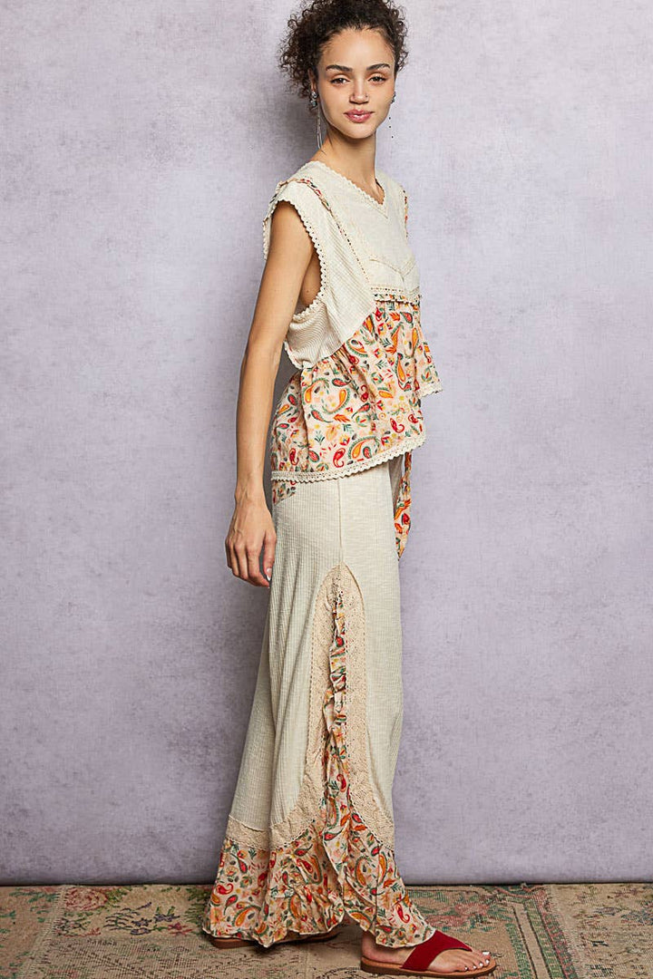 Pol Clothing - Floral Pattern Ruffle Detail Ribbed Knit Pants