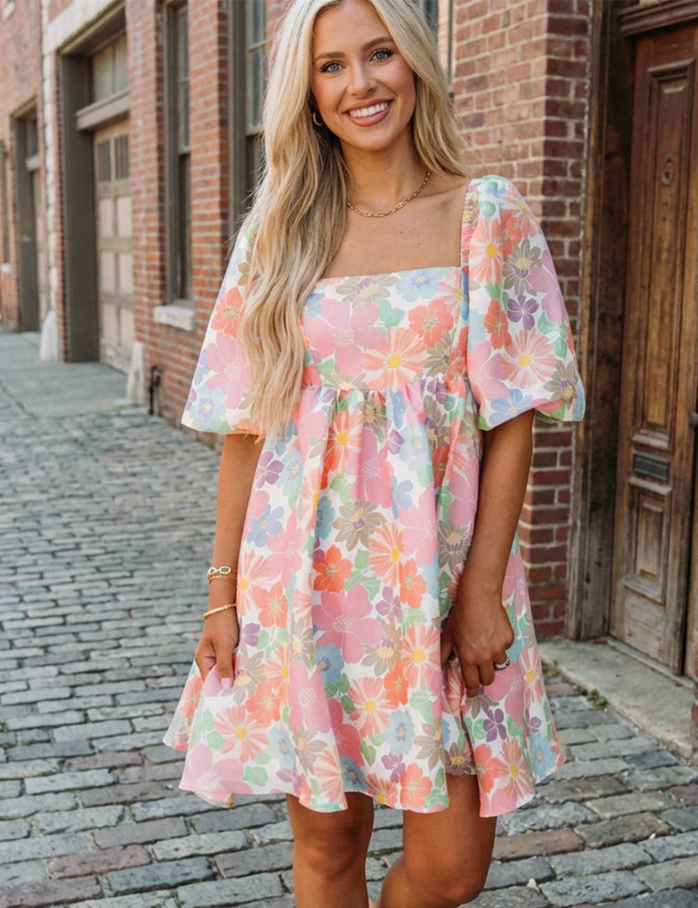 Floral Square Neck Puff Sleeve Babydoll Dress