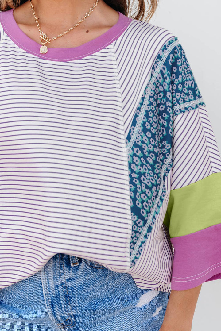 Aapparella - Stripe Floral Raw Edge Patchwork Bracelet Sleeve Top | S-XL