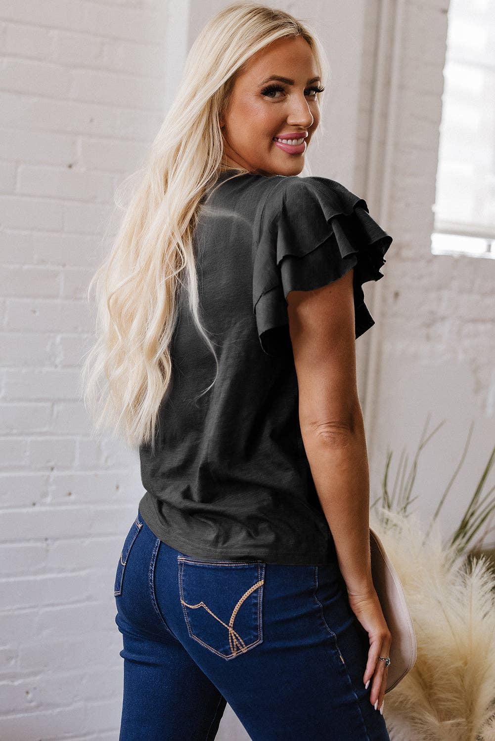 - Dark Grey Ruffle Sleeve Tee Casual Summer Top