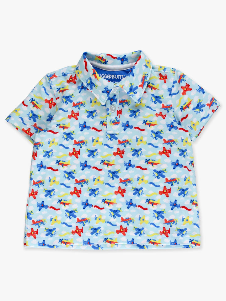 RuffleButts  Boys Tiny Plane Parade Knit Short Sleeve Performance Polo