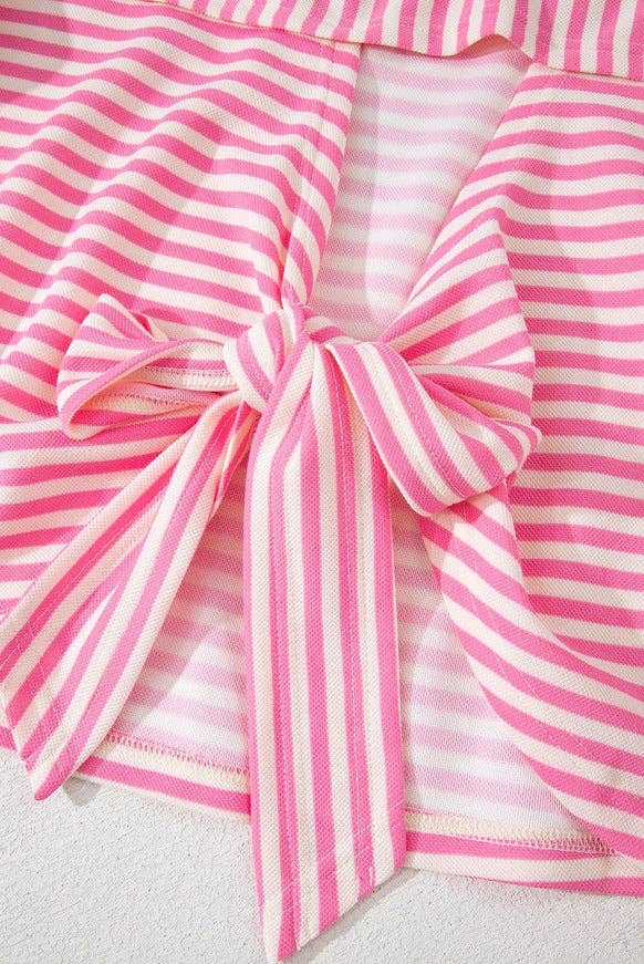 Pink Striped Knit Crew Neck Top with Back Bow Tie Detail