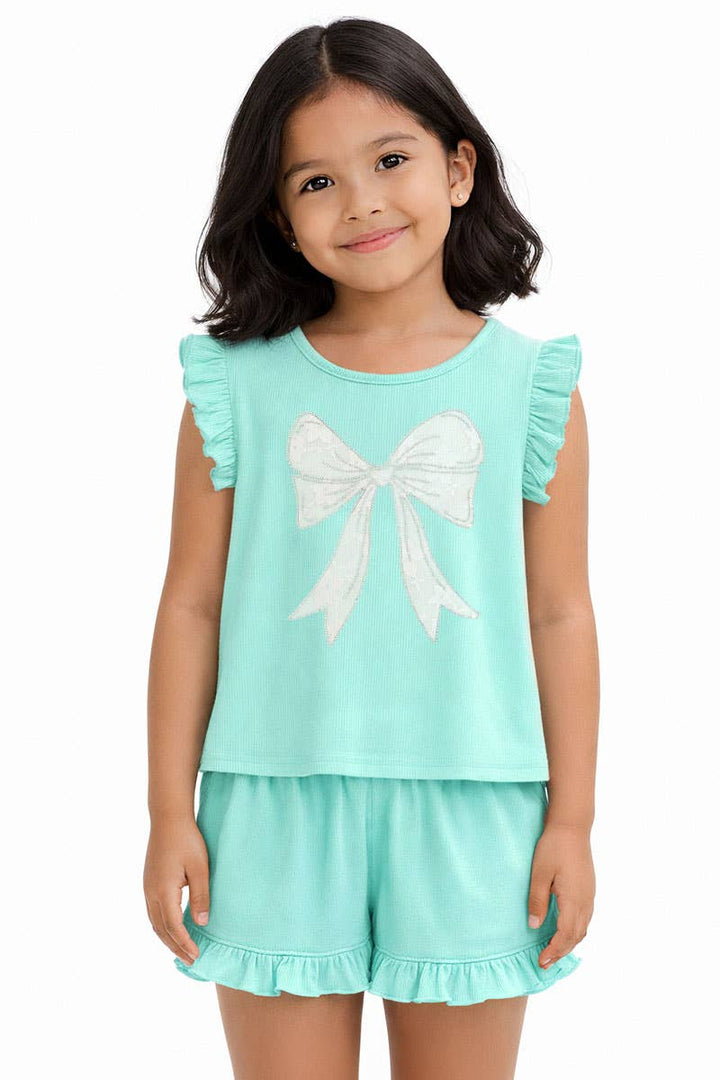 Girls 2 pc Ribbed Short Set w/Bow