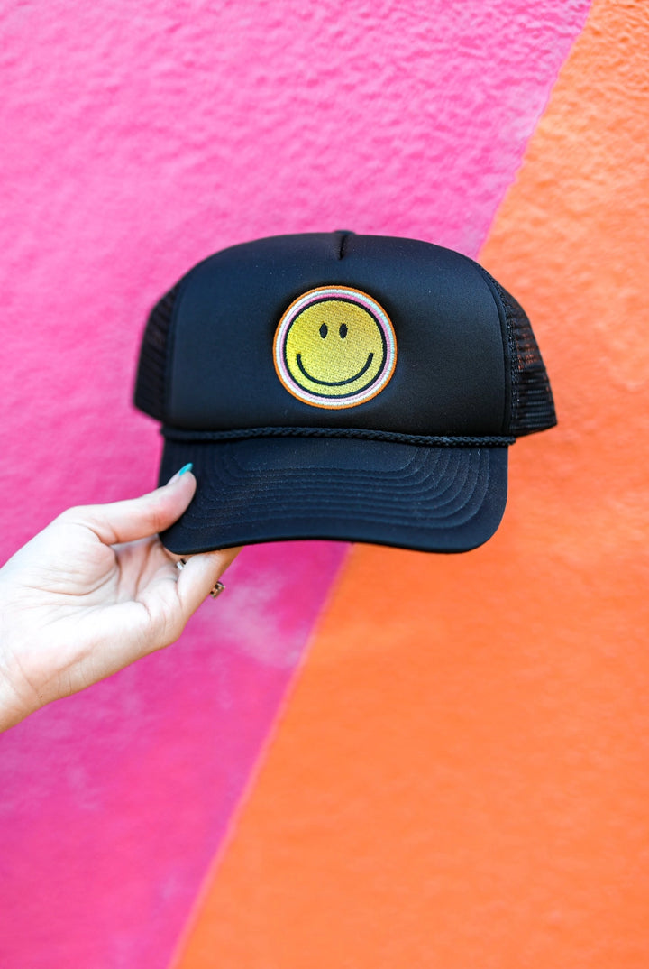 Trucker Hat – Happy Embroidered – Black