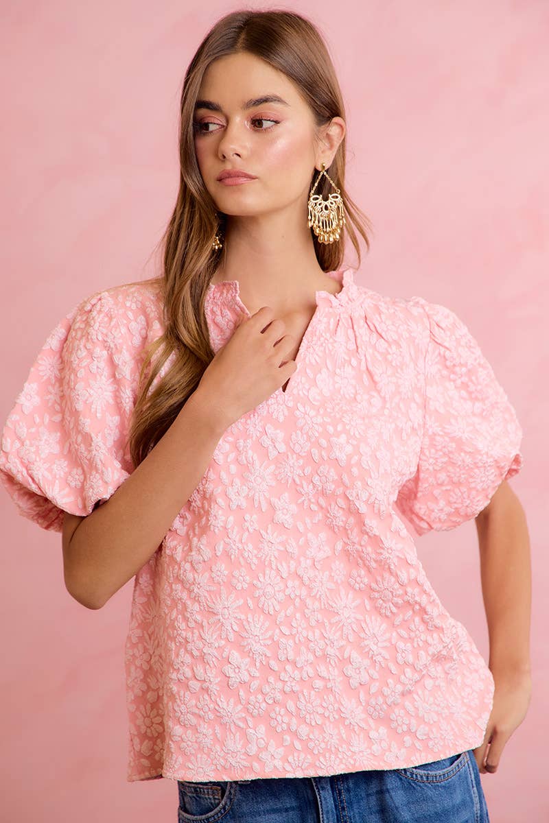 BiBi - FLORAL PATTERN TEXTURE SLEEVES RUFFLED V-NECK TOP