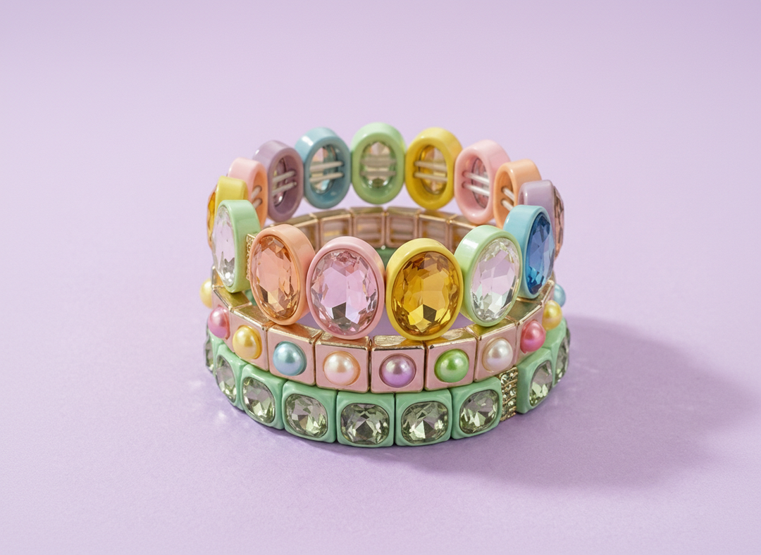 Taylor Elliott Designs - Enamel Stretch Bracelet - Large Oval Rainbow Stones - Olivia