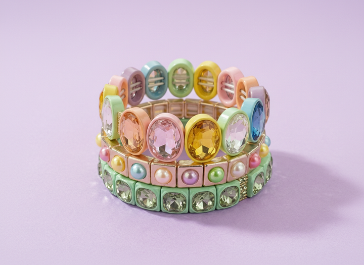 Taylor Elliott Designs - Enamel Stretch Bracelet - Large Oval Rainbow Stones - Olivia