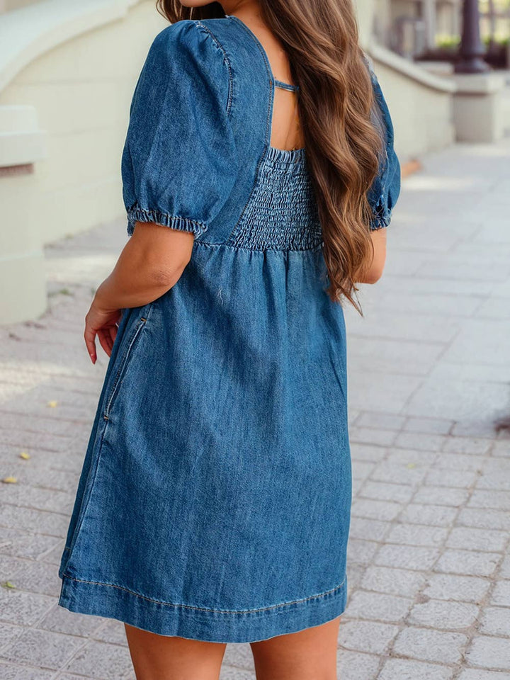 1 the Woman - Button Square Neck Short Puff Sleeve Denim Mini Dress