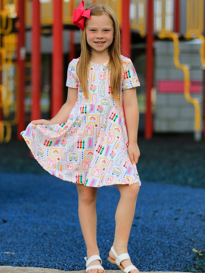 Back to School Rainbow Print Girls Dress Short Sleeve