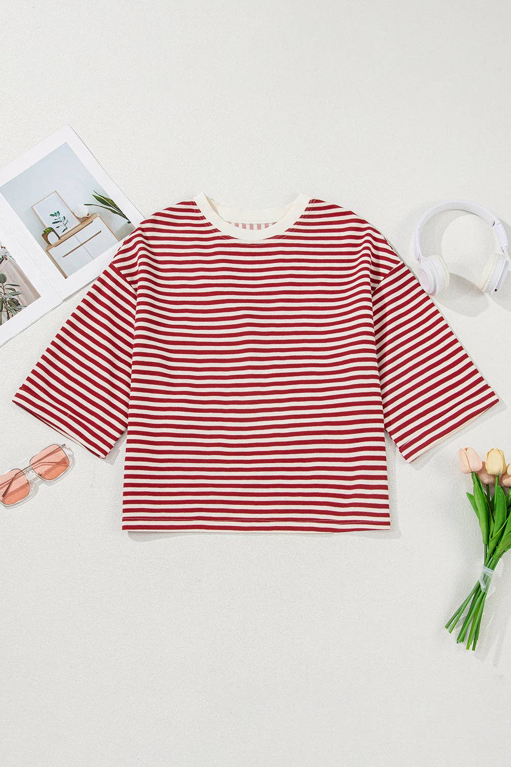 Red Stripe Bow Cutout Back Drop Shoulder Loose Tee
