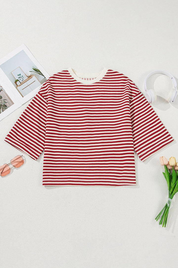 Red Stripe Bow Cutout Back Drop Shoulder Loose Tee