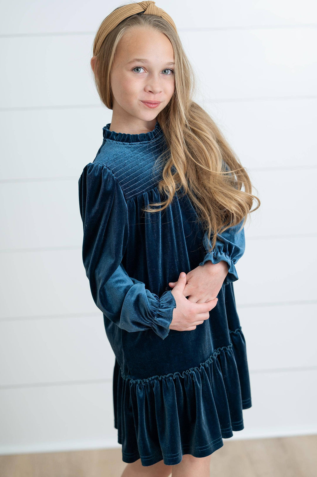 Girls Alexa Teal Smocked Velvet Fancy Holiday Party Dress