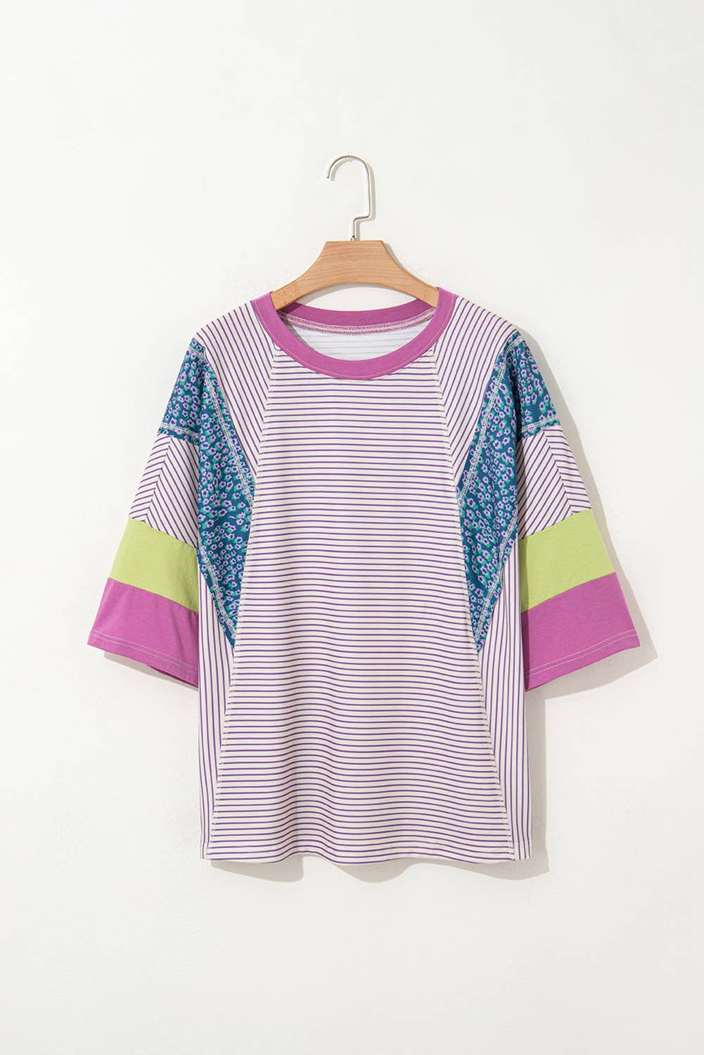 Aapparella - Stripe Floral Raw Edge Patchwork Bracelet Sleeve Top | S-XL
