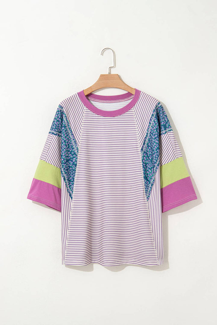 Aapparella - Stripe Floral Raw Edge Patchwork Bracelet Sleeve Top | S-XL