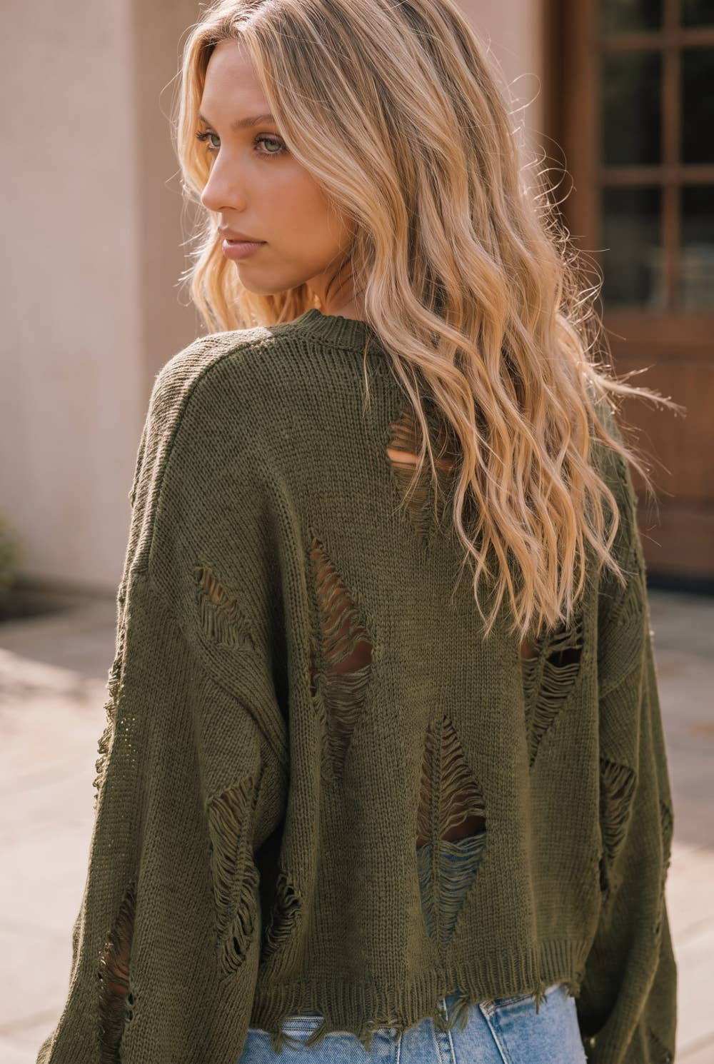 Kori America - PLUS OLIVE DISTRESSED CROP LONG SLEEVE SWEATER