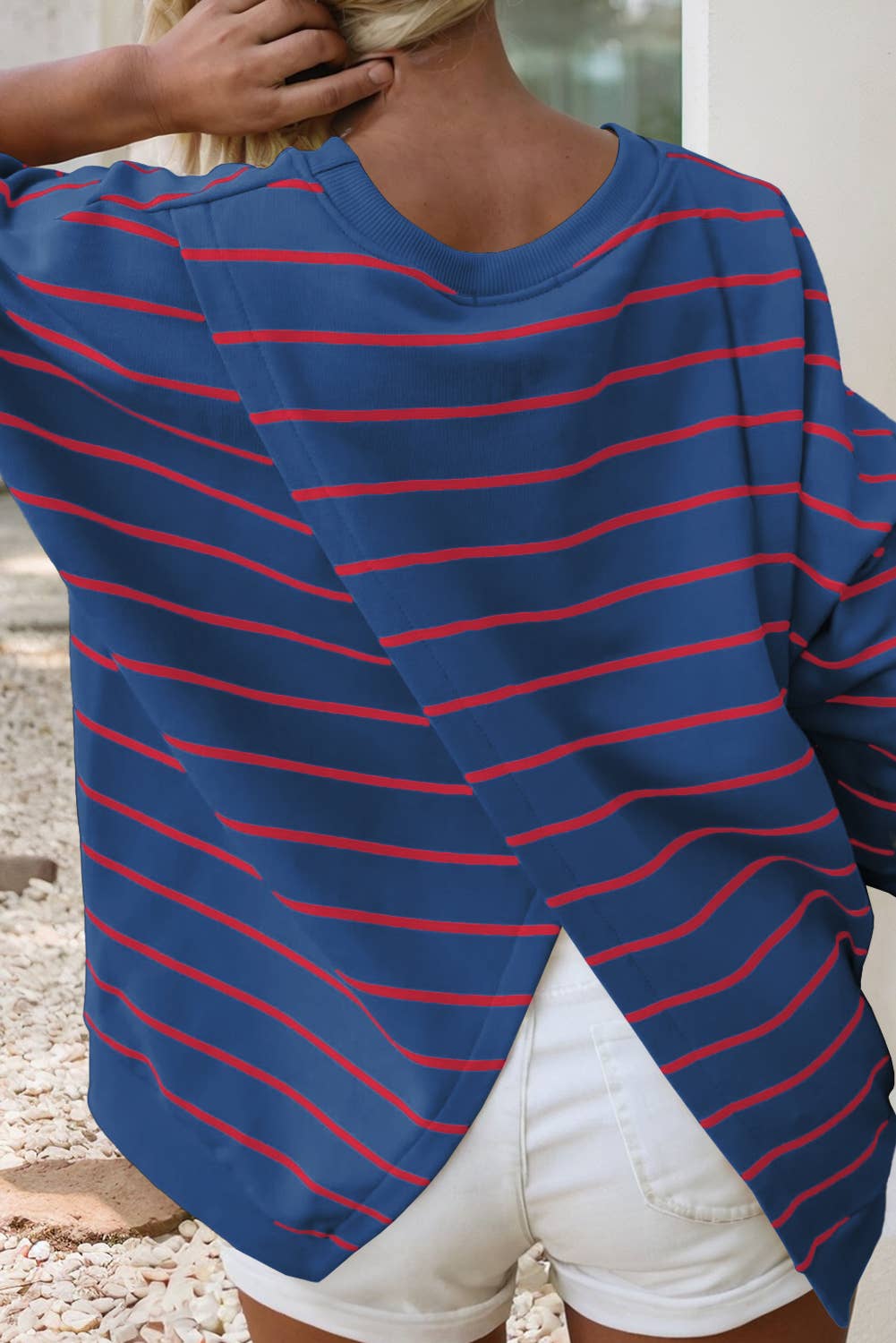 Little Daisy Closet -  LDC Stripe Stylish Overlap Detail Drop Shoulder Sweatshirt