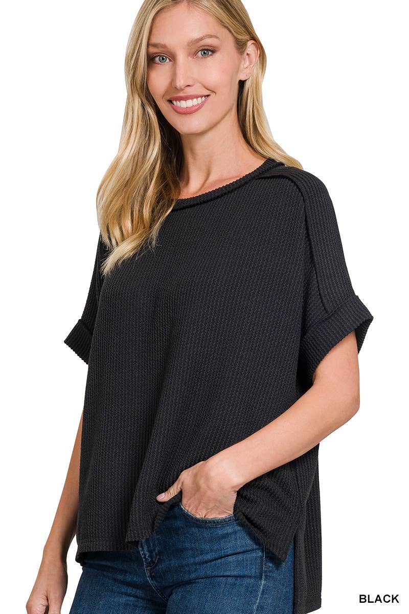 Textured Line Short Cuff Sleeve Raw Edge Top