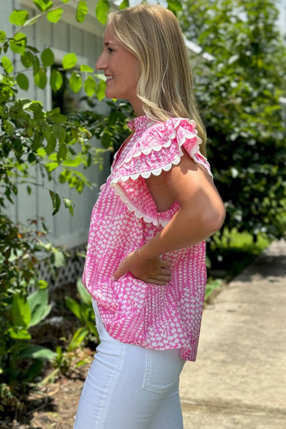 Ric Rac Trim Flutter Sleeve Notch V Neck Blouse