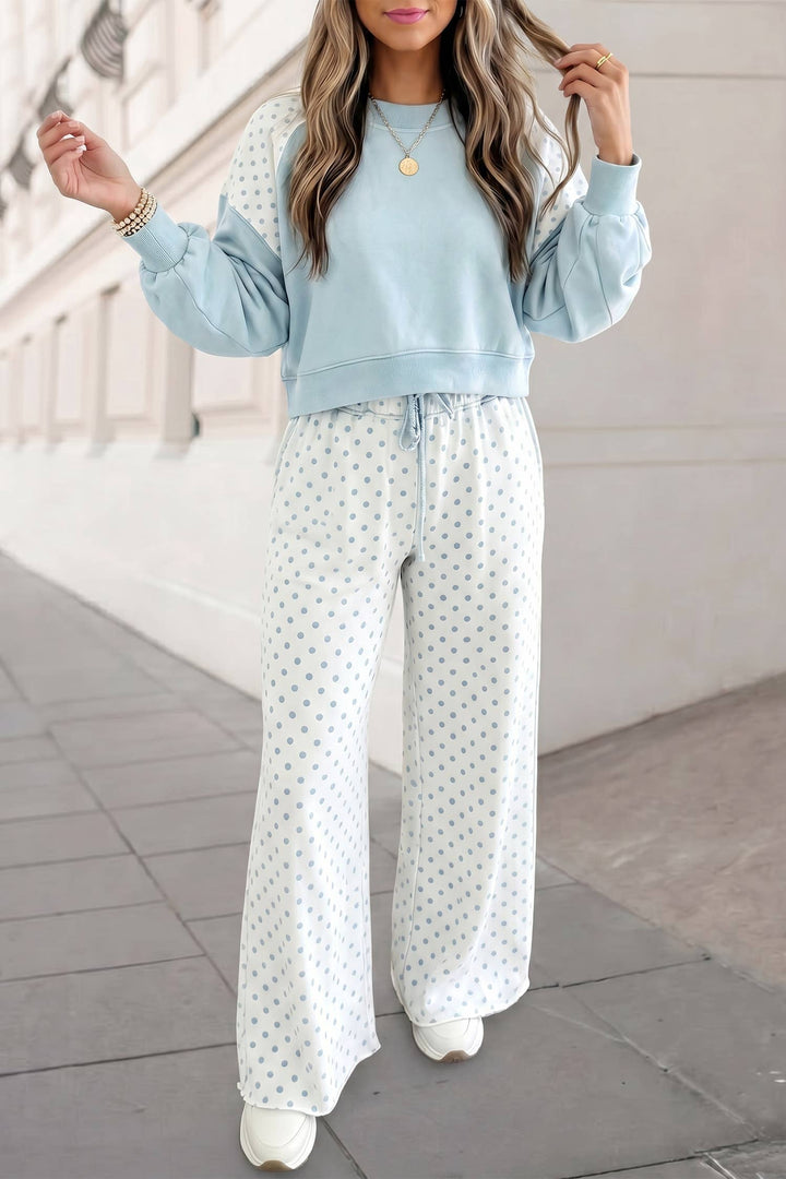 Aapparella - Polka Dot Colorblock Long Sleeve 2pcs Pants Set FW26 | S-XL