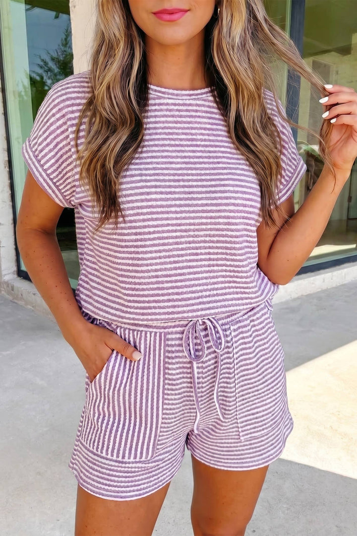 Texture Stripe Knit 2pcs Shorts Set
