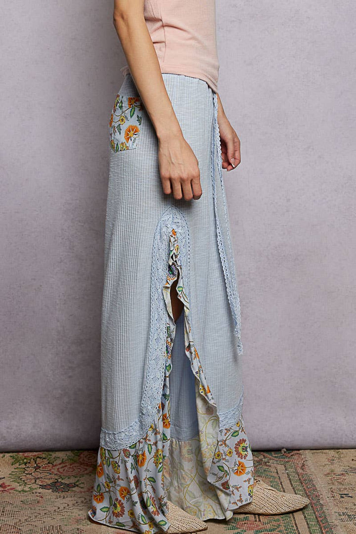 Pol Clothing - Floral Pattern Ruffle Detail Ribbed Knit Pants