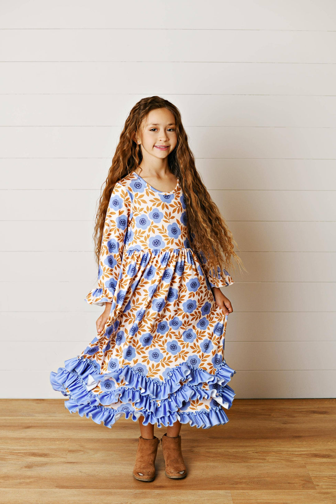 Girls Fall Olivia Periwinkle Heirloom Floral 3 Ruffle Dress