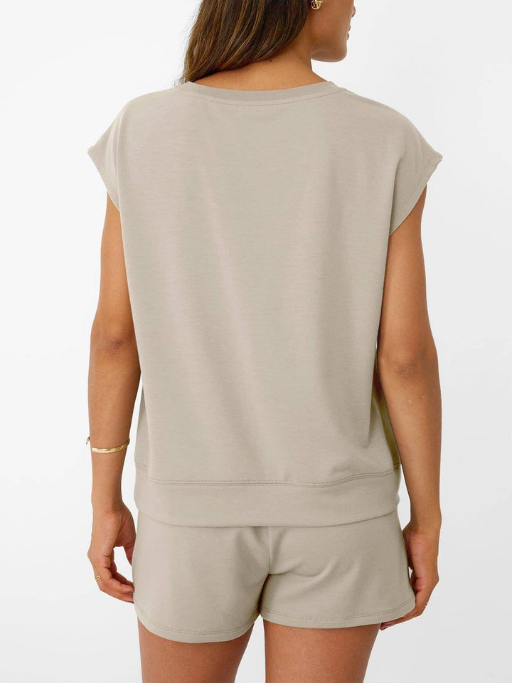 Casual Lounge Set Cap Sleeve Top Drawstring Shorts