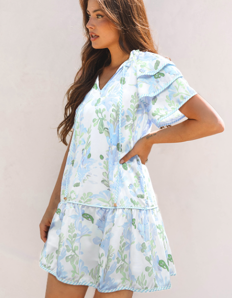 Lovesoft - Pink Floral Contrast Edge Layered Short Sleeve Mini Dress