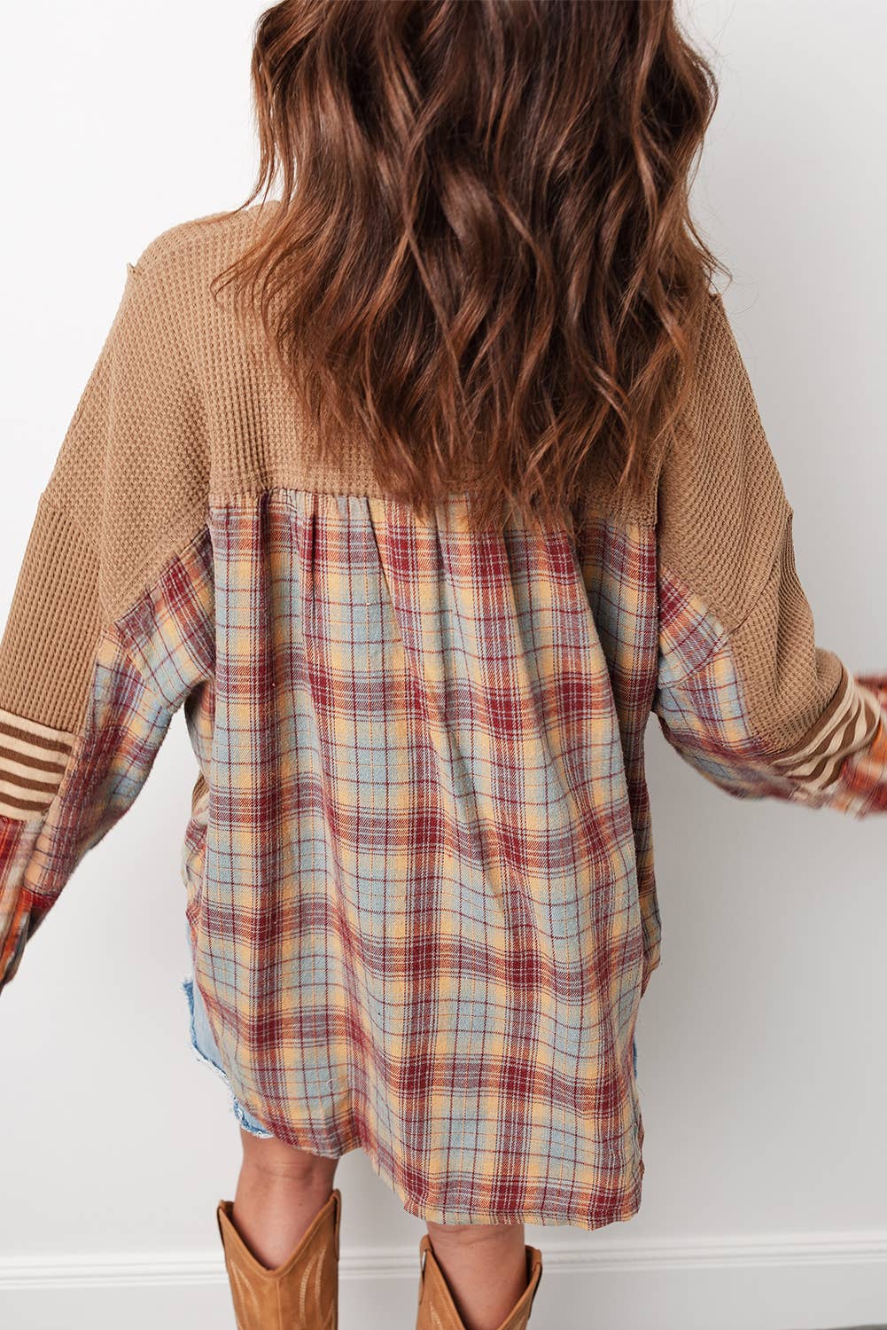 1 the Woman - Waffle Stripe Plaid Patchwork Henley Knit Top S-4X
