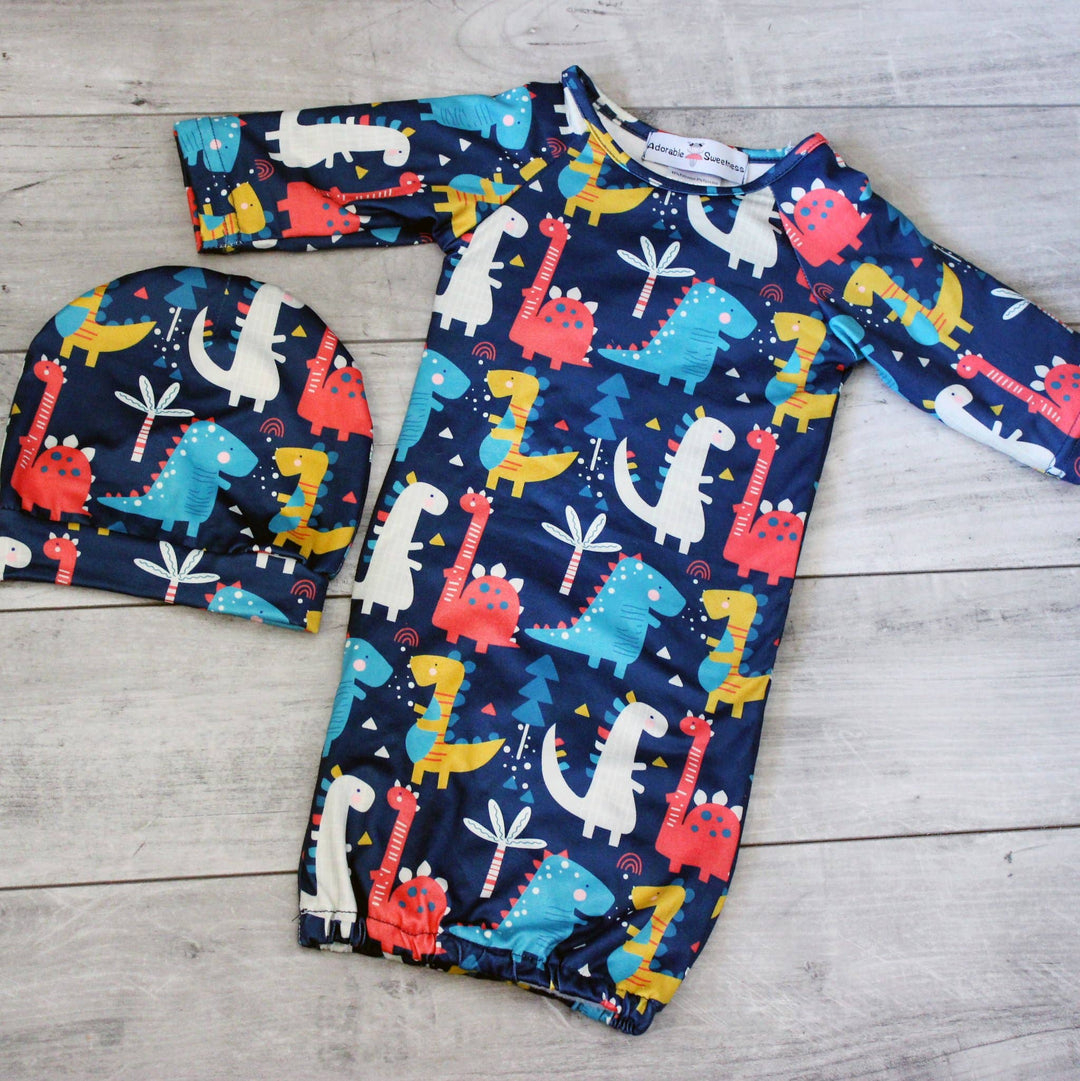 Infant Dino Baby Gown and Hat Set