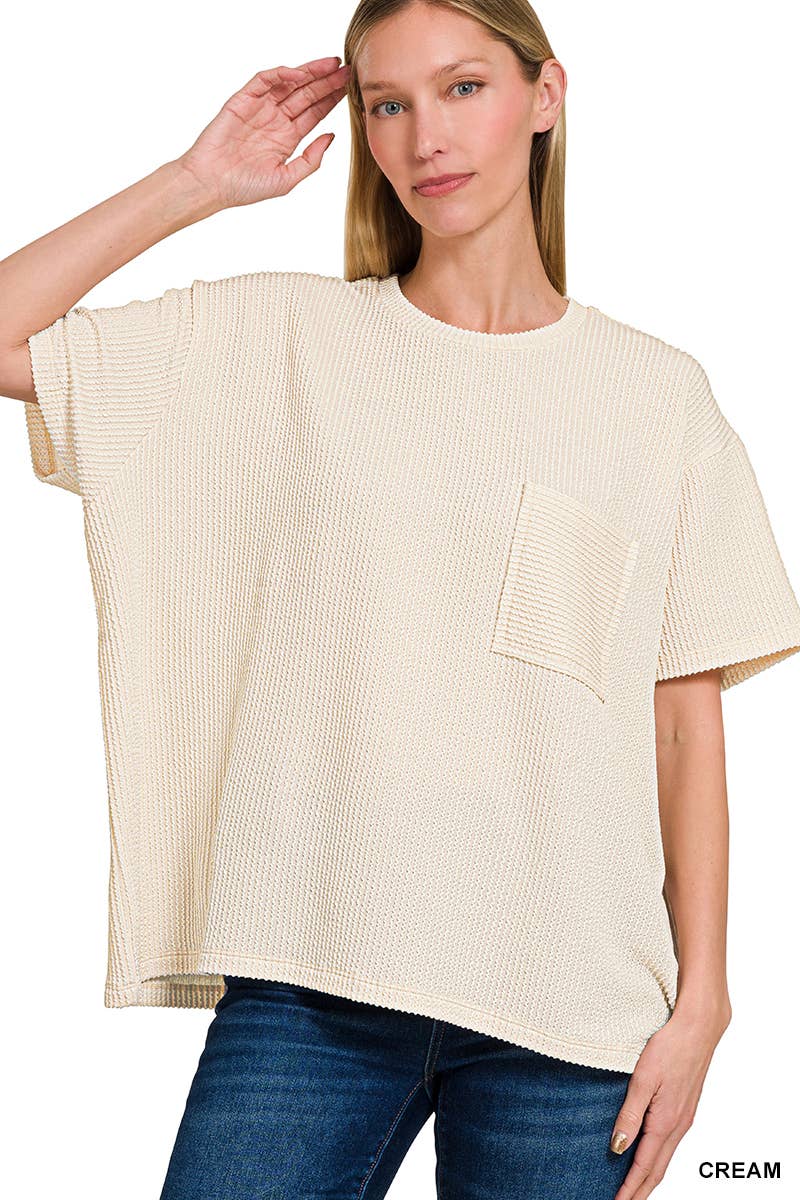 42POPS - Corded Rib Short Sleeve Front Pocket Top