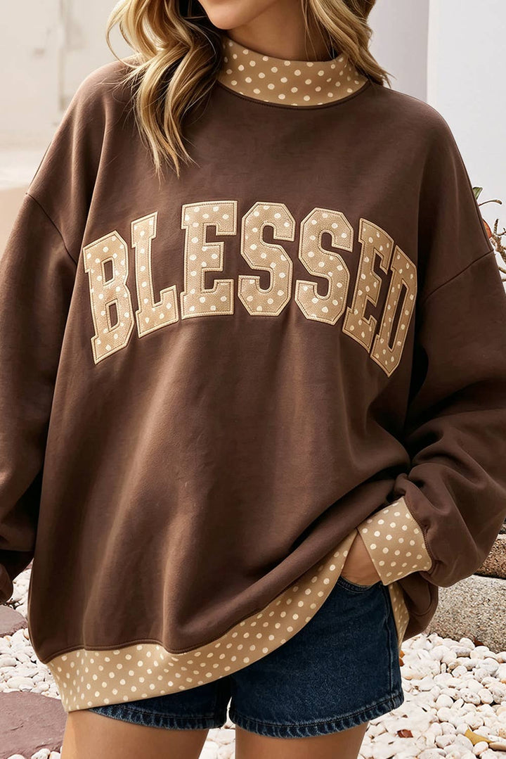 Little Daisy Closet - Blessed Polka Dot Trim Oversized Mock Neck Sweatshirt