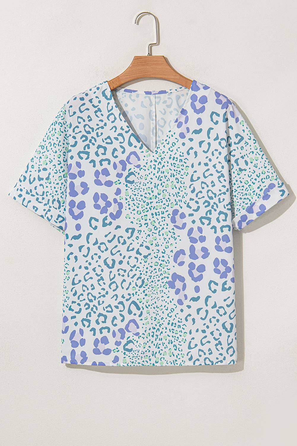 Lovesoft - Sky Blue Mixed Leopard Print V Neck Short Sleeve Blouse