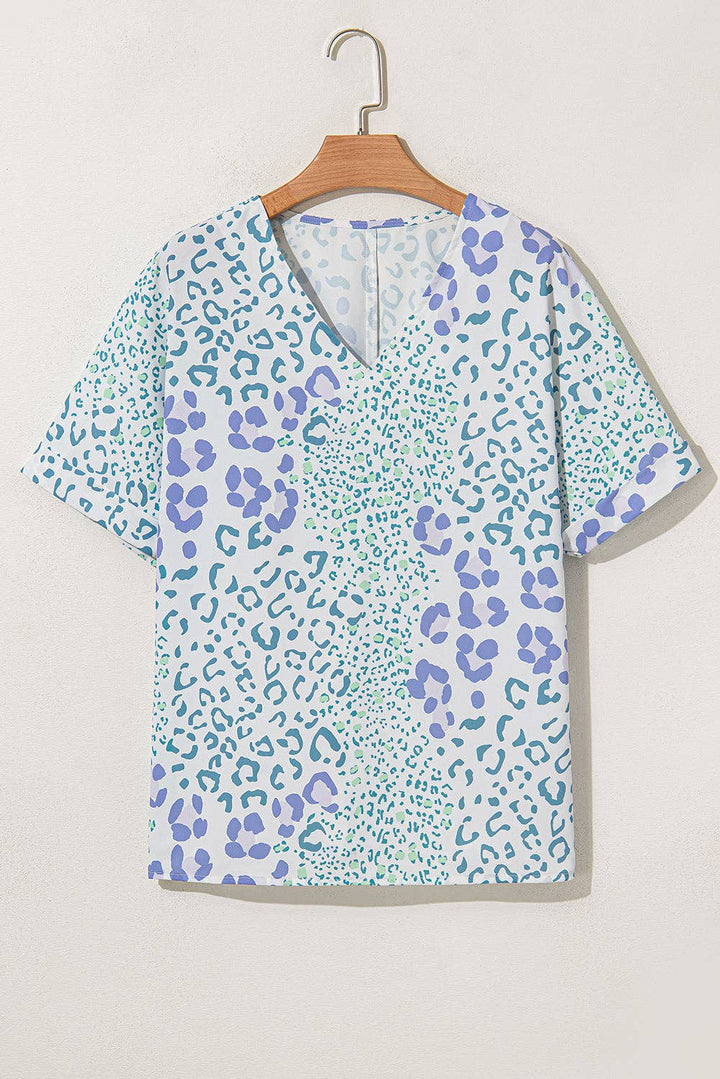 Lovesoft - Sky Blue Mixed Leopard Print V Neck Short Sleeve Blouse