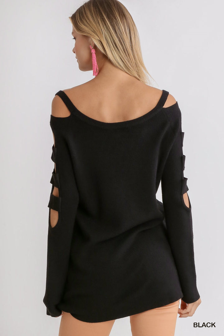 UMGEE Boat Neck Sweater with Cutout Long Sleeves
