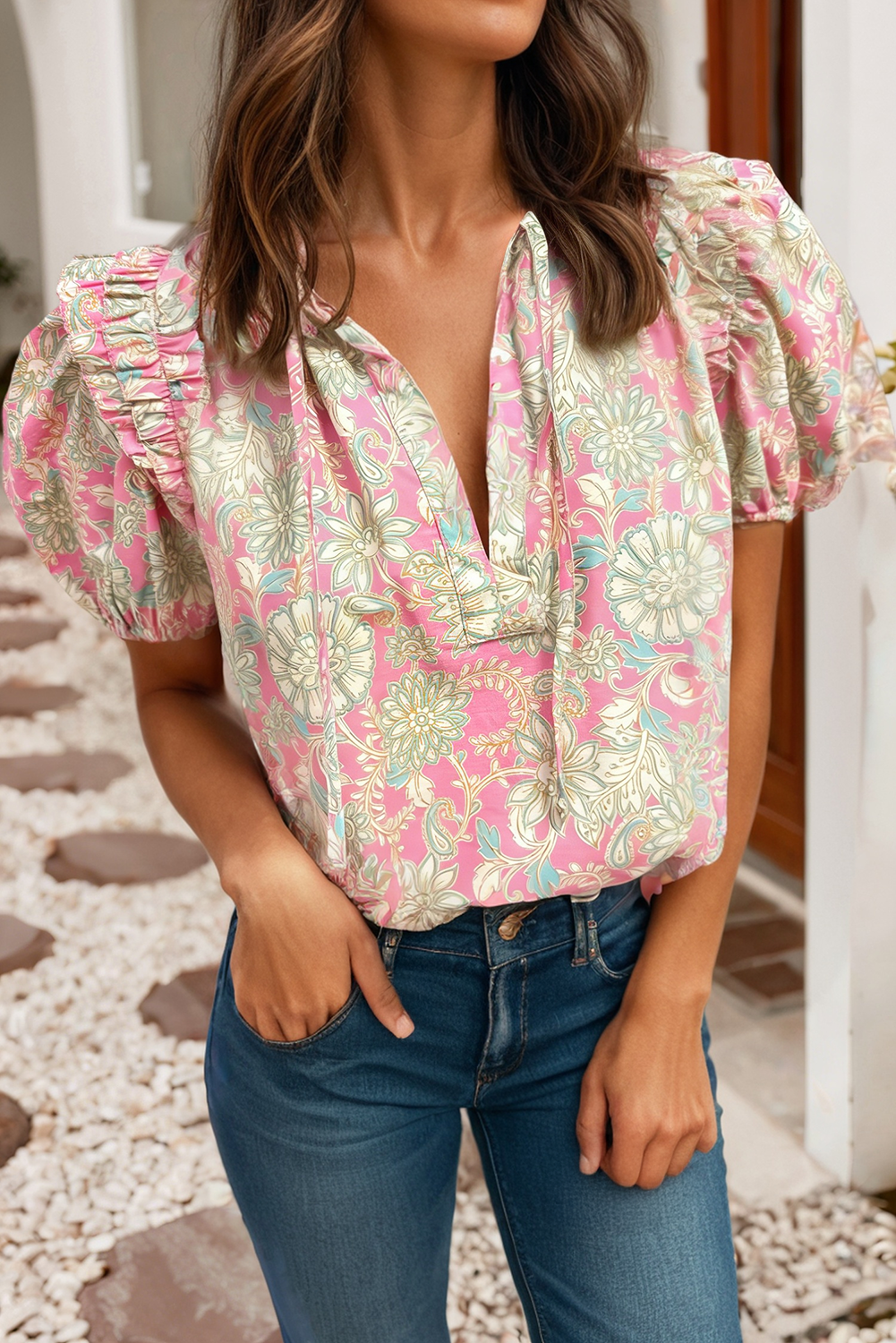 Tie V Neck Floral Short Puff Sleeve Blouse