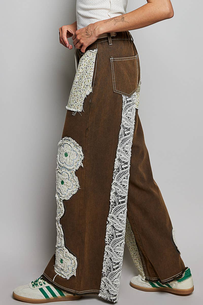Pol Clothing - Drawstring Floral Patch Denim Pants
