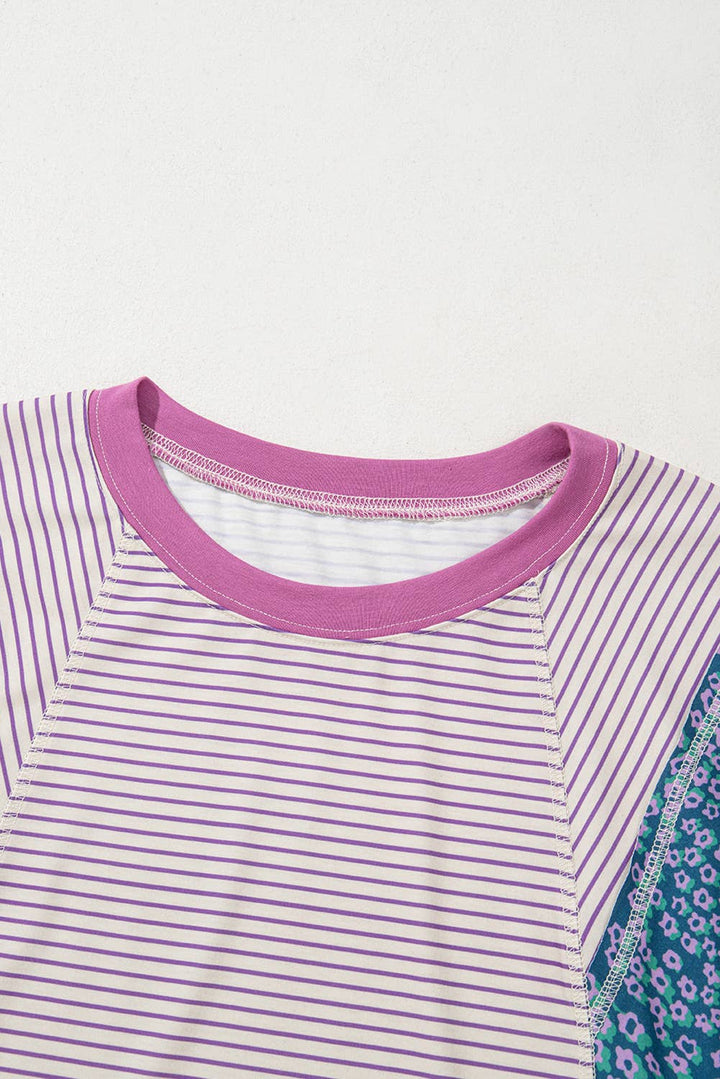 Aapparella - Stripe Floral Raw Edge Patchwork Bracelet Sleeve Top | S-XL