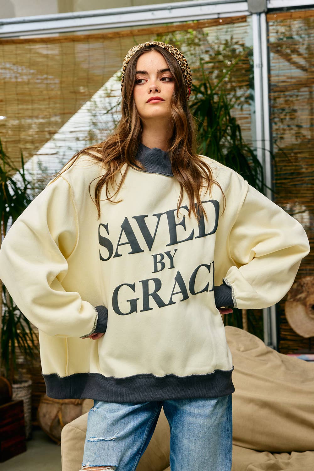 BUCKETLIST INC  Saved by Grace Puff Print Sweatshirt