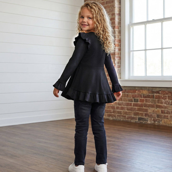 Kids Black Ribbed Long Sleeve Button Ruffle Shirt