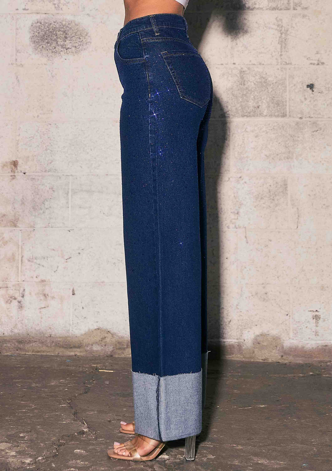 Vibrant M.i.U - Rhinestone High-Rise Cuff Up Wide Leg Jeans