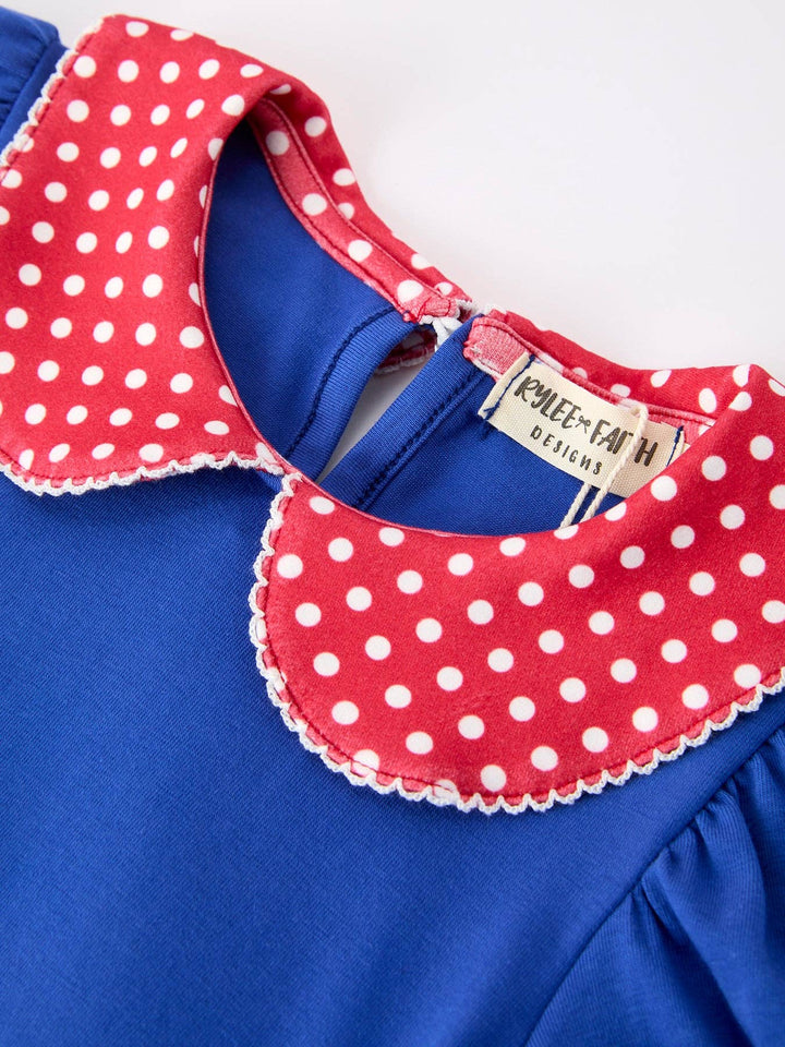 Girls Back To School Apple Polka Dot Petals Collar Bow Dress
