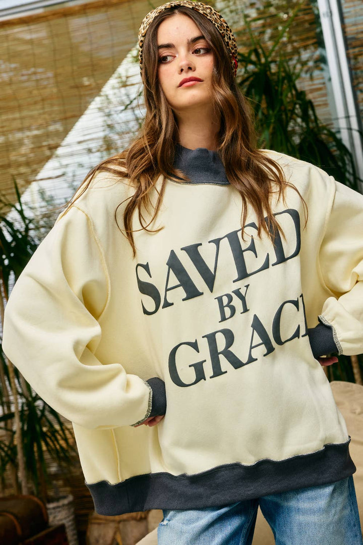 BUCKETLIST INC  Saved by Grace Puff Print Sweatshirt